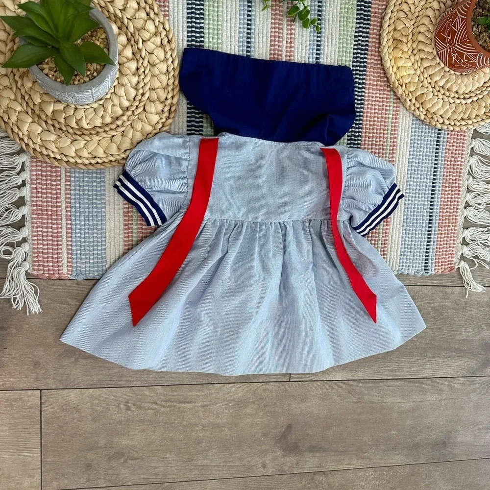 Vintage Nautical Sailor Dress Embroidered Sailboat 24 Months Baby Toddler Girl